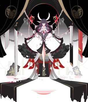 1girl absurdres barefoot black_hair bow bowtie candle chain cloak closed_mouth columbina_(genshin_impact) curtains eye_mask facing_viewer floating full_body genshin_impact head_wings highres ideolo long_hair mask multicolored_hair own_hands_together petals pillar red_hair solo streaked_hair wings wristband