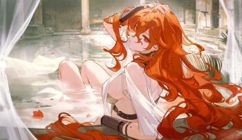 1girl absurdres arm_armor arm_up augusta_(wuthering_waves) breasts closed_mouth commentary dress earrings elbow_rest from_behind hair_between_eyes highres jewelry knees_up kuroduki large_breasts long_hair looking_at_viewer looking_back orange_hair partially_submerged petals petals_on_liquid red_eyes sideboob sitting solo sun_earrings wet white_dress wuthering_waves