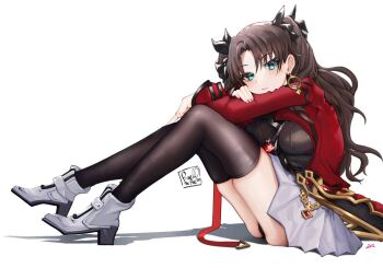 1girl black_panties black_thighhighs blush boots breasts commentary earrings english_commentary fate/stay_night fate_(series) hair_ribbon honkai:_star_rail honkai_(series) jewelry knees_up long_hair long_sleeves looking_at_viewer panties phaethonvt ribbon shadow simple_background sitting skirt solo thighhighs tohsaka_rin tohsaka_rin_(honkai:_star_rail) two_side_up underwear white_background white_boots white_skirt