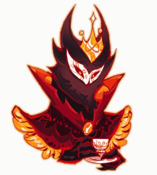 1boy black_cloak black_sclera cloak colored_sclera commentary crown demon_boy furry furry_male gold_crown hellaverse helluva_boss owl_boy paimon_(helluva_boss) red_eyes solo symbol-only_commentary wurenyubia
