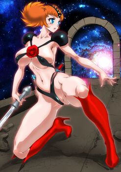 Rule 34 | 1girl, absurdres, armor, blue eyes, boots, breasts, flower, high heels, highres, large breasts, navel, orange hair, revealing clothes, rose, solo, sword, thighs, twintails, weapon, yuri ai