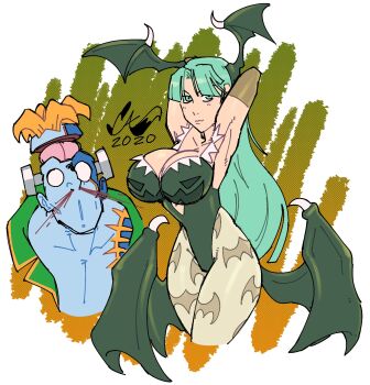 1boy 1girl 2020 :o animal_print armpits arms_behind_head arms_up aroused_nosebleed bat_print blank_eyes blonde_hair blood blue_skin breasts bridal_gauntlets caliginousarts cleavage clothing_cutout colored_skin commentary cutout_above_navel darkstalkers demon_girl elbow_gloves english_commentary fur-trimmed_leotard fur_trim gloves green_eyes green_gloves green_hair green_leotard green_pantyhose green_wings halloween_costume head_wings heart_cutout highres huge_breasts leotard long_hair looking_at_viewer low_wings morrigan_aensland multicolored_skin nosebleed object_through_head pantyhose parted_bangs print_leotard print_pantyhose screw_in_head short_hair solo_focus two-tone_skin victor_von_gerdenheim wide-eyed wings