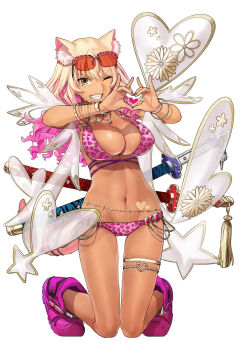 1girl animal_ears animal_print bare_shoulders belly_chain bikini blonde_hair boots bracelet breasts cleavage collarbone commentary_request daitouren_(fate) dark-skinned_female dark_skin eyewear_on_head fate/grand_order fate_(series) fox_ears fox_girl fox_tail gradient_hair grin gyaru halterneck heart heart_hands highres jewelry katana kneeling large_breasts leopard_print leopard_print_bikini long_hair looking_at_viewer multicolored_hair navel necklace official_artist_extra one_eye_closed pink_bikini pink_hair print_bikini shoutouren_(fate) sidelocks smile solo sunglasses suzuka_gozen_(fate) suzuka_gozen_(swimsuit_rider)_(fate) suzuka_gozen_(swimsuit_rider)_(second_ascension)_(fate) swimsuit sword tail takenoko_seijin tan thighlet thighs weapon yellow_eyes