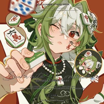 china_dress chinese_clothes crossed_bangs dice dress green_hair hair_between_eyes hair_ornament highres holding neck one_eye_closed red_eyes xiabai