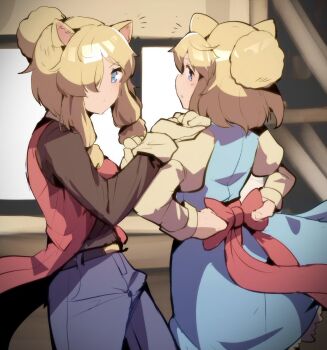 2girls alpaca_ears alpaca_girl alpaca_huacaya_(kemono_friends) alpaca_suri_(kemono_friends) alternate_costume animal_ears apron blonde_hair blue_eyes blush hair_bun hair_over_one_eye highres kemono_friends kemono_friends_3 long_sleeves looking_at_viewer multiple_girls riri_(dgra3272) shirt short_hair tail