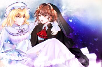 1girl 2girls alternate_costume alternate_headwear alternate_neckwear arm_around_shoulder ascot black_shawl black_skirt black_veil black_vs_white blonde_hair bow bowtie bridal_veil bride brown_hair bug butterfly closed_eyes clothing_request collared_shirt commentary crying dress english_commentary female_focus frilled_dress frilled_shirt_collar frills hair_between_eyes hair_bow happy hat highres insect large_bow long_dress long_sleeves maribel_hearn medium_hair mob_cap multiple_girls open_mouth red_ascot shawl shirt short_hair skirt star_(sky) streaming_tears tears touhou usami_renko veil wedding_dress white_bow white_bowtie white_dress white_hat white_shirt wife_and_wife yellow_eyes yukitimaki yuri