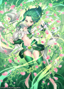 1girl 90kyuuri bikini breasts copyright_notice green_background green_bikini green_eyes green_hair green_shoes green_shorts green_thighhighs looking_at_viewer medium_hair midoriko_(wixoss) multicolored_hair official_art open_mouth shoes shorts small_breasts solo spiked_hair streaked_hair swimsuit thighhighs wixoss