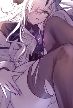 1girl arknights black_thighhighs blonde_hair green_eyes hair_over_one_eye hand_on_own_thigh highres looking_at_viewer necrass_(arknights) one_eye_covered rinereeto solo thighhighs thighs torn_clothes torn_thighhighs