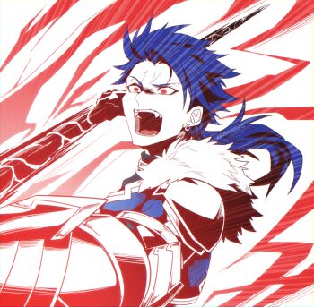 Rule 34 | 0nodera, 1boy, armor, blue hair, commentary request, cu chulainn (fate), cu chulainn (fate/prototype), earrings, fangs, fate/grand order, fate (series), gae bolg (fate), jewelry, long hair, looking ahead, male focus, open mouth, outstretched arm, partially colored, ponytail, red eyes, shouting, solo, white background