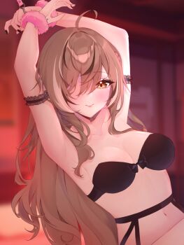 1girl ahoge armband arms_up black_armband black_bow black_bra black_garter_belt black_nails blurry blurry_background blush bow bow_bra bra breasts brown_eyes brown_hair closed_mouth commentary cuffs english_commentary fingernails fuzzy_handcuffs garter_belt hair_over_one_eye handcuffs highres hololive hololive_english hoshiiii_art indoors long_hair looking_at_viewer multicolored_hair nail_polish nanashi_mumei navel smile solo stomach strapless strapless_bra streaked_hair underwear underwear_only virtual_youtuber