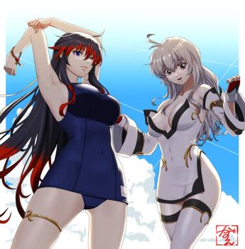 2girls black_hair breasts brown_eyes commission cosplay costume_switch covered_navel crossover fingerless_gloves full_metal_panic! gloves grey_hair large_breasts long_hair multicolored_hair multiple_girls nanbu_kaguya one_eye_closed open_mouth red_hair saitou_kazue skeb_commission smile super_robot_wars super_robot_wars_og_saga_mugen_no_frontier swimsuit teletha_testarossa thighhighs two-tone_hair very_long_hair white_thighhighs