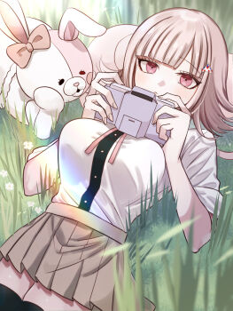 1girl bow breasts brown_hair brown_skirt collared_shirt danganronpa_(series) danganronpa_2:_goodbye_despair diaper ear_bow flipped_hair hair_ornament handheld_game_console highres holding holding_handheld_game_console large_breasts looking_at_viewer lying medium_hair miniskirt monomi_(danganronpa) nanami_chiaki neck_ribbon no_jacket on_back pink_eyes pink_ribbon pleated_skirt ribbon runchelnln shirt shirt_tucked_in short_sleeves skirt thighhighs two-tone_shirt white_shirt zettai_ryouiki