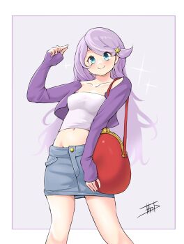 1girl anastasia_hoshin arm_up bag blue_eyes blue_skirt blush breasts closed_mouth collarbone crop_top cropped_jacket denim denim_skirt groin hair_ornament hand_up handbag highres jacket long_hair long_sleeves looking_at_viewer medium_breasts miarin141 midriff navel open_clothes open_jacket purple_hair purple_jacket re:zero_kara_hajimeru_isekai_seikatsu shirt signature skirt sleeves_past_wrists smile solo sparkle standing star_(symbol) star_hair_ornament strapless tube_top very_long_hair white_shirt
