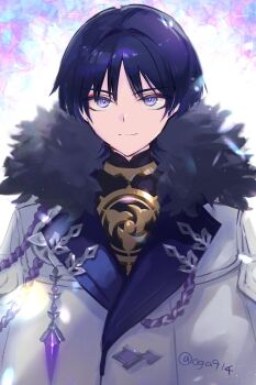 1boy aiguillette blunt_ends bright_pupils closed_mouth coat crystal eyeliner eyeshadow fatui_coat fatui_logo fur_collar gem genshin_impact gold hair_intakes highres jewelry lapels makeup male_focus mandarin_collar mitsudomoe_(shape) neck_ring oga914 parted_bangs purple_eyes purple_gemstone purple_rope red_eyeliner red_eyeshadow rope scaramouche_(genshin_impact) shimenawa simple_background smile solo straight-on tomoe_(symbol) tsurime twitter_username upper_body white_coat white_pupils white_rope winter_clothes winter_coat