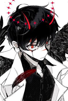 1boy black_hair black_shirt black_wings blood blood_from_forehead bloody_tears coat collared_shirt commentary crazy_eyes demon_horns english_commentary falling_feathers feathered_wings feathers hair_between_eyes highres horns kim_dokja looking_at_viewer male_focus omniscient_reader&#039;s_viewpoint open_clothes open_coat red_eyes shirt short_hair solo twle upper_body white_coat wings