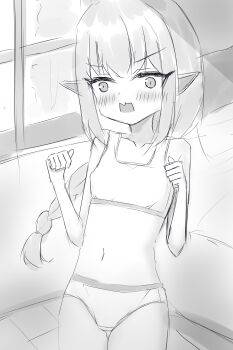 1girl absurdres bed bedroom blush bra braid breasts collarbone crotch_seam elf embarrassed highres loli long_hair looking_at_viewer monochrome navel open_mouth original panties pointy_ears shooko single_braid sketch small_breasts standing surprised underwear window