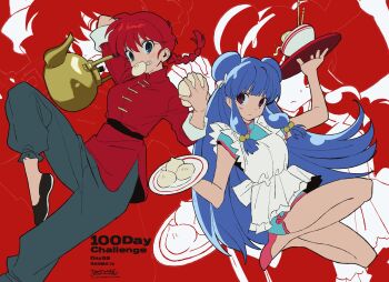 2girls apron aqua_dress arm_behind_head bell betti_(xx_betti) black_pants blue_hair china_dress chinese_clothes dress dumpling food hair_bell hair_ornament highres holding holding_food holding_kettle holding_tray jiaozi jingle_bell kettle long_hair looking_at_viewer multiple_girls pants ranma-chan ranma_1/2 red_hair red_shirt shampoo_(ranma_1/2) shirt short_dress sidelocks tray white_apron