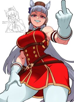 1girl animal_ears armband belt_pouch blunt_bangs bow bowtie breasts brown_hat cyrillic dress ear_bow gloves gold_ship_(red_strife)_(umamusume) gold_ship_(umamusume) grey_hair hat highres horse_ears horse_girl horse_tail large_breasts leggings long_hair looking_at_viewer middle_finger open_mouth pantyhose parta_228 pillbox_hat pouch purple_bow purple_eyes red_armband red_dress sleeveless sleeveless_dress smile striped_armband striped_clothes tail umamusume white_armband white_gloves white_leggings white_pantyhose