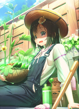 Rule 34 | 1girl, :d, aiuabo, basket, black eyes, black hair, black overalls, bottle, commentary request, day, fence, flower, food, gloves, green nails, hair flower, hair ornament, hat, highres, hoe, holding, holding basket, leaf, long hair, looking at viewer, nail polish, neck ribbon, okra, open mouth, original, outdoors, overalls, pink gloves, plant, revision, ribbon, shirt, sitting, smile, solo, straw hat, sweat, tomato, unworn gloves, vegetable, water bottle, white flower, white ribbon, white shirt, wooden fence, yellow flower, zucchini (vegetable)