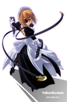 Rule 34 | 1girl, bad id, bad pixiv id, brown hair, english text, eyepatch, female focus, knife, maid, mishima yoshikatsu, outline, pixiv fantasia, pixiv fantasia 1, purple outline, red eyes, short hair, solo