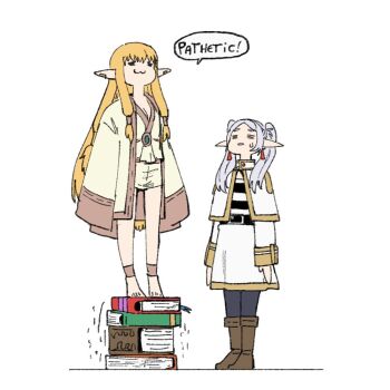 2girls :3 =_= barefoot black_pantyhose blonde_hair book book_stack boots brown_boots capelet cheating_(competitive) commentary earrings english_commentary english_text frieren grey_hair jewelry long_hair low-tied_sidelocks medium_skirt meme multiple_girls pantyhose pathetic_(meme) pointy_ears serie_(sousou_no_frieren) shirt sidelocks skirt sousou_no_frieren striped_clothes striped_shirt sweatdrop twintails very_long_hair wanderjegson white_capelet white_skirt