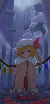 1girl absurdres akeguchi ascot blonde_hair collared_shirt commentary_request crystal crystal_wings defeat disappointed flandre_scarlet frilled_shirt_collar frilled_skirt frills hat hat_ribbon highres mary_janes mob_cap multicolored_wings one_side_up power_item_(touhou) puffy_short_sleeves puffy_sleeves red_eyes red_shoes red_skirt red_vest ribbon shirt shoes short_sleeves skirt skirt_set socks solo squatting touhou vest white_hat white_shirt white_socks wings yellow_ascot