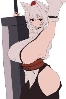 1girl absurdres animal_ear_fluff animal_ears arm_up armpits black_eyes black_skirt breasts closed_mouth commentary cowboy_shot detached_sleeves expressionless hat highres holding holding_sword holding_weapon huge_breasts huge_weapon inubashiri_momiji looking_at_viewer messy_hair moriforest1040 pom_pom_(clothes) red_hat red_sash sash shirt short_hair sideboob skirt sleeveless sleeveless_shirt solo standing sword symbol-only_commentary tokin_hat touhou turtleneck turtleneck_shirt weapon white_background white_hair white_shirt white_sleeves wolf_ears