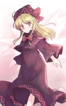 1girl black_capelet black_dress black_hat blonde_hair bow bowtie capelet commentary_request dress fairy fairy_wings feet_out_of_frame hat hat_bow light_blush light_frown lily_black lily_white long_hair long_sleeves one-hour_drawing_challenge pink_background rangycrow red_bow red_bowtie red_eyes sidelocks sideways_glance solo touhou wings