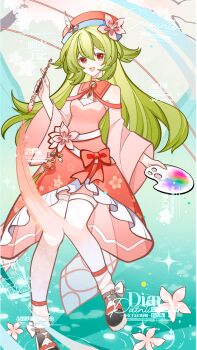1girl :d absurdres beret bow chinese_commentary chinese_text commentary_request dress english_text flower frills full_body green_hair hair_between_eyes hair_flaps hat highres holding holding_paintbrush long_hair long_sleeves looking_at_viewer mixed-language_text nius_invokation_tcg(style) open_mouth original paint paint_palette paintbrush pink_dress pink_flower red_bow red_eyes ripples shoes sisan_eryi smile solo thighhighs water watermark white_thighhighs wide_sleeves