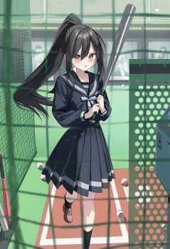 1girl baseball baseball_bat black_hair black_sailor_collar black_serafuku black_shirt black_skirt black_socks blush brown_eyes commentary_request hair_between_eyes highres holding holding_baseball_bat long_hair long_sleeves original pentagon_(railgun_ky1206) pleated_skirt ponytail sailor_collar school_uniform serafuku shirt shoes skirt socks v-shaped_eyebrows