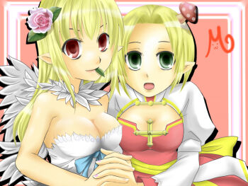 2girls arch_bishop_(ragnarok_online) bikini blonde_hair breasts cleavage cleavage_cutout closed_mouth clothing_cutout cross dress feather_trim feathered_wings flower green_eyes hair_flower hair_ornament juliet_sleeves large_breasts leaf_in_mouth long_sleeves looking_at_viewer medium_breasts multiple_girls mushroom_on_head open_mouth pink_flower pink_hair pink_rose pointy_ears puffy_sleeves ragnarok_online red_dress red_eyes rose sash short_hair smile suzuki_yuuma swimsuit two-tone_dress upper_body wanderer_(ragnarok_online) white_bikini white_dress white_wings wings yellow_sash