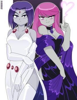 2girls absurdres breasts choker cleavage dc_comics dress elbow_gloves forehead_jewel gloves highres jinx_(dc) large_breasts long_hair medium_breasts multiple_girls nico-neko pink_eyes pink_hair purple_eyes purple_hair raven_(dc) short_hair teen_titans twitter_username