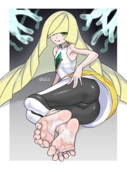 1girl absurdres armpits artist_name ass bare_arms bare_shoulders barefoot blonde_hair cameltoe chest_jewel curtained_hair diagonal_bangs dress_shirt feet female_focus fingernails flat_chest foot_focus full_body gen_7_pokemon green_eyes hair_over_one_eye highres jewelry legs long_hair looking_at_viewer lusamine_(pokemon) lying mature_female multiple_views neck_ring nihilego nintendo on_side pants parted_lips pokemon pokemon_sun_and_moon seductive_smile shirt sleeveless sleeveless_shirt smile smirk soles spread_toes thighs tight_clothes tight_pants tight_shirt toenails toes tsukimaru_(ls_99ml) turnaround turtleneck turtleneck_shirt two-tone_pants ultra_beast very_long_hair