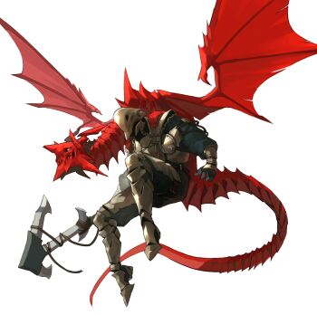 1other ambiguous_gender armor breastplate cuisses esnowg full_armor full_body greaves hashtag-only_commentary helmet highres holding holding_weapon leg_armor monster original poleyn red_scales sabaton simple_background vambraces weapon white_background wings