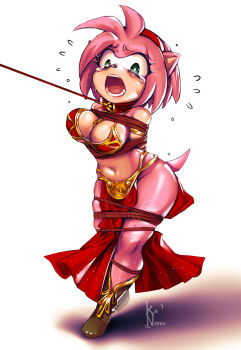 1girl amy_rose animal_ears bdsm bondage bound bound_arms bound_legs breasts cleavage collar cosplay disney female_focus full_body furry furry_female green_eyes hairband hedgehog_girl highres huttslayer_leia huttslayer_leia_(cosplay) kaneeru large_breasts leash leash_pull looking_at_viewer metal_bikini navel pelvic_curtain pink_fur princess_leia princess_leia_(cosplay) red_collar red_hairband revealing_clothes sega short_hair signature slave solo sonic_(series) standing star_wars tail tearing_up wide_hips