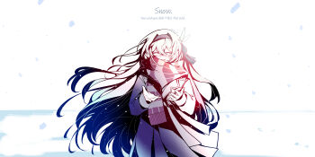 1girl absurdres alternate_costume backlighting black_hairband closed_eyes coat commentary cowboy_shot electronduck english_commentary english_text facing_viewer firefly_(honkai:_star_rail) gradient_hair green_hair grey_coat grey_hair hairband highres honkai:_star_rail honkai_(series) long_hair long_sleeves multicolored_hair open_mouth outdoors scarf snowing solo striped_clothes striped_scarf two-tone_hair very_long_hair