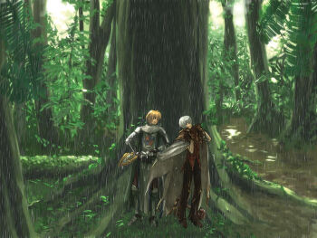 2boys armor armored_boots blonde_hair boots brown_gloves brown_pants brown_shoes cape chainmail commentary_request dated_commentary emblem forest full_body gloves grass grey_cape grey_hair knight_(ragnarok_online) looking_at_another male_focus multiple_boys nature oomojiya outdoors pants path pauldrons ragnarok_online rain red_shirt road shirt shoes short_hair shoulder_armor standing tabard tree white_cape white_tabard wizard_(ragnarok_online)