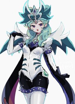 1girl aqua_hair armor beta_(inazuma_eleven) black_bodysuit bodysuit commentary double_bun hair_bun highres inazuma_eleven_(series) inazuma_eleven_go inazuma_eleven_go_chrono_stone kijibato0519 kokuu_no_megami_athena_(armed) long_hair purple_eyes smile solo symbol-only_commentary white_armor white_background