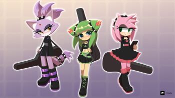 3girls amy_rose animal_nose bad_tag belt black_boots black_dress black_skirt black_tank_top blaze_the_cat blue_eyes boots cat_girl cat_tail cellphone cosmo_(sonic) dress eyelashes forehead_jewel furry furry_female gothic_punk green_eyes green_hair hedgehog_girl highres howxu medium_hair multiple_belts multiple_girls phone pink_fur ponytail punk purple_fur skirt sonic_(series) tail tank_top yellow_eyes