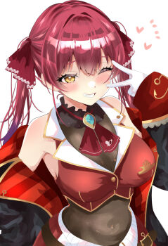 black_coat blush bodystocking breasts coat cropped_jacket gloves heart highres hololive houshou_marine jacket large_breasts long_hair off_shoulder one_eye_closed parted_lips red_hair red_jacket rota_kokko see-through_cleavage see-through_clothes simple_background sleeveless sleeveless_jacket smile twintails upper_body v virtual_youtuber white_background white_gloves yellow_eyes