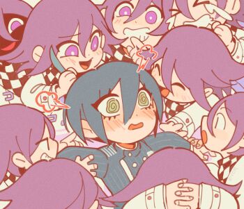 Rule 34 | 6+boys, @ @, ahoge, black hair, blush, checkered clothes, checkered scarf, chibi, commentary, confused, crying, danganronpa (series), danganronpa v3: killing harmony, english commentary, evercelle, eyelashes, flipped hair, full-face blush, glomp, grabbing another's hair, grin, hair between eyes, holding another's hair, hug, long sleeves, male focus, medium hair, multiple boys, multiple expressions, oma kokichi, open mouth, purple eyes, purple hair, saihara shuichi, scarf, short hair, smile, streaming tears, tears, two-tone scarf, upper body, wavy eyes, yaoi