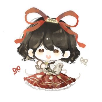 Rule 34 | 1girl, argyle clothes, argyle skirt, back ribbon, black bow, black bowtie, black hair, bow, bowtie, brown eyes, capelet, chibi, chinese commentary, collared capelet, commentary request, cropped legs, cross-laced clothes, cross-laced sleeves, fengmi youzi hua, frilled capelet, frilled skirt, frilled sleeves, frills, grey shirt, hair between eyes, hair ribbon, happy, heartfelt melody (infinity nikki), high-waist skirt, high collar, highres, infinity nikki, juliet sleeves, light blush, long sleeves, nikki (series), open mouth, own hands together, pleated skirt, puffy sleeves, red ribbon, red skirt, ribbon, shirt, short hair, simple background, skirt, sleeve bow, sleeves past wrists, smile, solid oval eyes, solo, teeth, upper teeth only, wavy hair, white background, white capelet, white ribbon