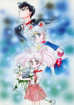 1990s_(style) 1boy 2girls absurdres airbrush_(medium) artbook bishoujo_senshi_sailor_moon black_cape black_hair blue_eyes blue_sailor_collar blue_skirt bow bowtie cape chiba_mamoru chibi_usa child cone_hair_bun domino_mask earrings elbow_gloves eye_mask father_and_daughter flower gloves hair_bun highres holding holding_flower incredibly_absurdres jewelry looking_back luna-p magical_girl mask mother_and_daughter multiple_girls non-web_source official_alternate_costume official_alternate_hair_color official_art pale_skin pink_hair puffy_short_sleeves puffy_sleeves red_bow red_bowtie red_eyes red_skirt retro_artstyle rose sailor_collar sailor_moon scan short_hair short_sleeves skirt striped_clothes suspender_skirt suspenders takeuchi_naoko tsukino_usagi tuxedo_kamen very_short_hair white_bow white_bowtie white_flower white_mask white_rose
