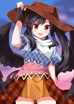 1girl :d arm_up black_gloves black_hair black_wings blue_shirt blush brown_hat commentary_request cowboy_hat cowboy_shot dot_nose feathered_wings fingerless_gloves gloves hat highres kurokoma_saki long_hair looking_at_viewer open_mouth pleated_skirt red_eyes ruu_(tksymkw) scarf shirt short_sleeves skirt smile solo touhou white_scarf wings yellow_skirt