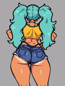 1girl aqua_hair ass bikini brazilian_miku dark-skinned_female dark_skin hatsune_miku highres jewelry long_hair paradisevel78 shirt solo swimsuit tan tanline twintails vocaloid yellow_shirt