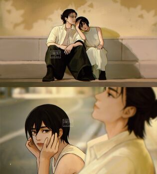 Rule 34 | 1boy, 1girl, artist name, black bag, black boots, black hair, black pants, blurry, blurry foreground, boots, collared shirt, couple, dress, eren yeager, facial scar, full body, grey eyes, hair between eyes, hair bun, hand in own hair, hashtag-only commentary, head on hands, hetero, highres, leaning on person, light blush, looking at another, medium hair, mikasa ackerman, pants, scar, scar on cheek, scar on face, shingeki no kyojin, shirt, shirt under shirt, short hair, sitting, sleeveless, sleeveless dress, sumiensp, updo, upper body, white dress, white shirt