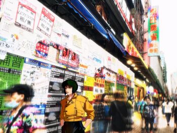 absurdres aizheajsee blurry blurry_background building city ghost_in_the_shell highres kusanagi_motoko medium_hair official_style people photo_background poster_(medium) real_life scaffolding solo_focus