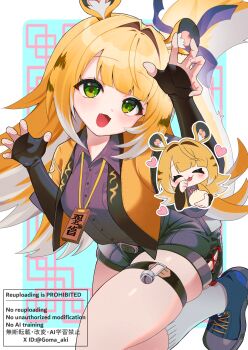 1girl :3 animal_ear_fluff animal_ears black_shorts blue_background blue_shoes blush border bow chibi claw_pose closed_eyes colored_inner_hair commentary_request dumpling fang food goma_aki green_eyes grey_shirt hair_intakes head_tilt heart high-waist_shorts highres holding holding_food jacket ju_fufu leaning_forward leg_up long_hair looking_at_viewer multicolored_hair multiple_views open_mouth outside_border shirt shoes shorts skindentation socks sparkling_eyes striped_fur striped_hair tail tail_bow tail_ornament thigh_strap tiger_ears tiger_girl tiger_stripes tiger_tail tongue tongue_out white_border white_socks yellow_jacket zenless_zone_zero