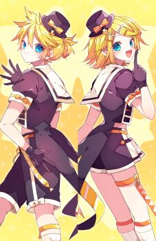 1boy 1girl :d black_shirt black_shorts blonde_hair blue_eyes blush bow brother_and_sister brown_gloves brown_hat closed_mouth commentary_request double-parted_bangs feet_out_of_frame from_behind gloves hair_between_eyes hair_ornament hairclip hand_up hat hat_bow highres index_finger_raised kagamine_len kagamine_rin kaho_0102 kneehighs legwear_garter looking_at_viewer looking_back open_mouth orange_bow parallel_hairclips parted_bangs sailor_collar shirt short_hair short_sleeves shorts siblings sleeve_bow smile socks standing star_(symbol) star_symbol_background striped_bow thigh_strap twins vocaloid white_sailor_collar white_socks yellow_background yellow_bow