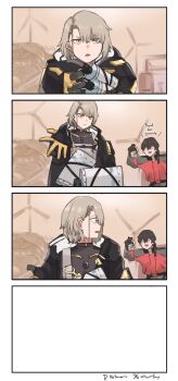 1boy 1girl artist_name black_gloves black_hair black_jacket brown_hair closed_mouth commander_(girls&#039;_frontline) commentary english_commentary english_text explosive girls&#039;_frontline girls&#039;_frontline_2:_exilium gloves grenade hair_between_eyes highres hood hooded_jacket jacket looking_at_another looking_at_viewer multicolored_jacket natawaru open_clothes open_jacket open_mouth outdoors pixiv_username red_jacket short_hair twitter_username twitter_x_logo two-tone_gloves two-tone_jacket upper_body vector_(girls&#039;_frontline) vector_(girls&#039;_frontline_2) yellow_eyes yellow_gloves